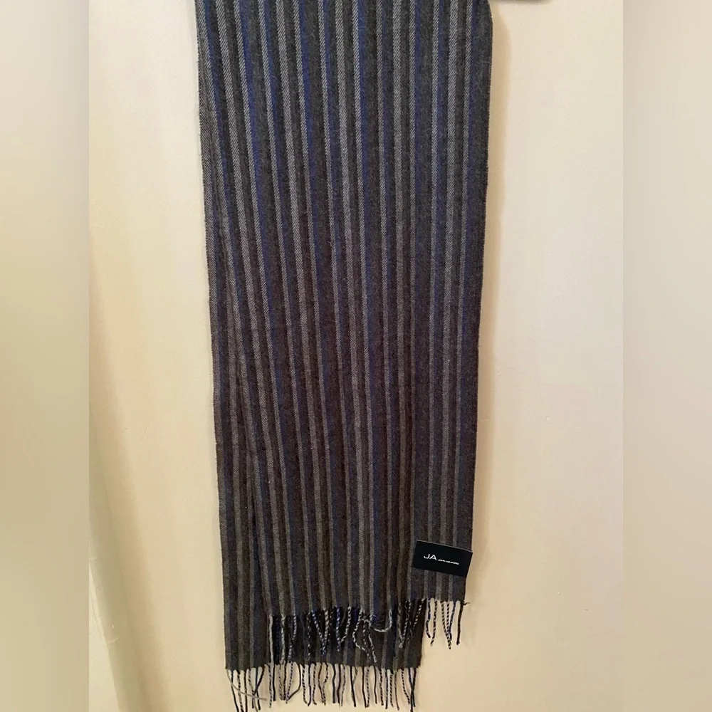 John Ashford Striped Grey Blue Acrylic Fringe Scarf One Size OS